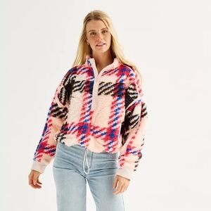 NWT Women's Cozy Pullover Plaid Sherpa Quarter-Zip size M
